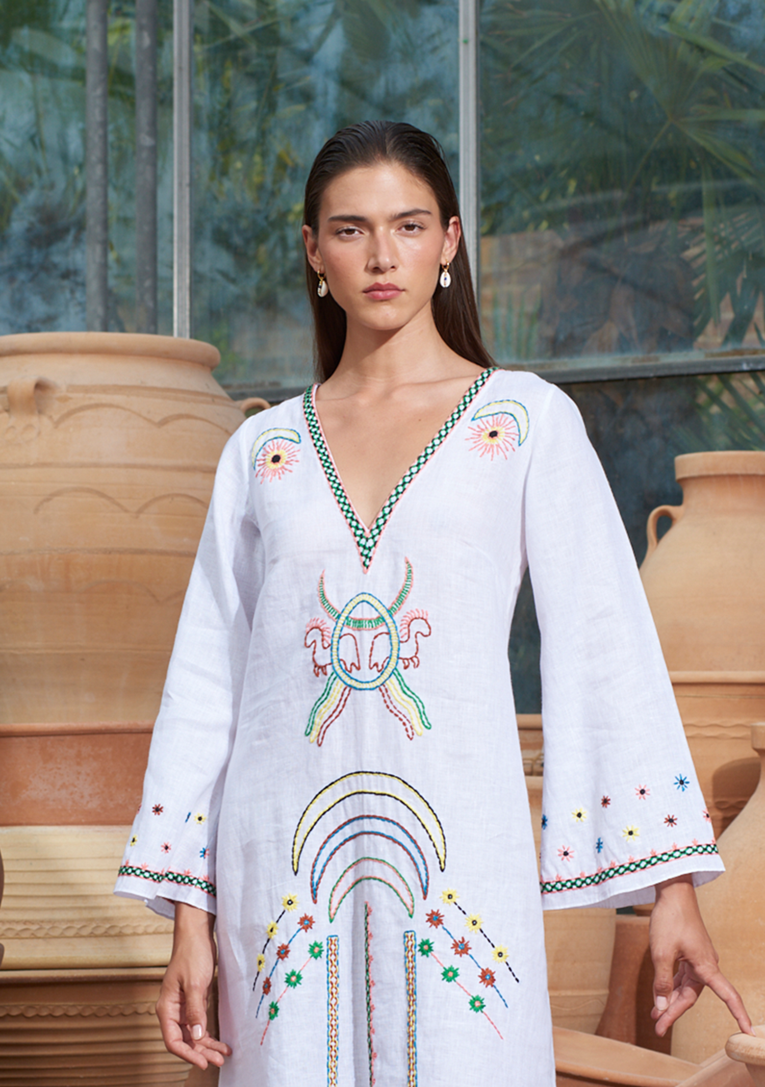 Vera Kaftan White with Moon Embroidery