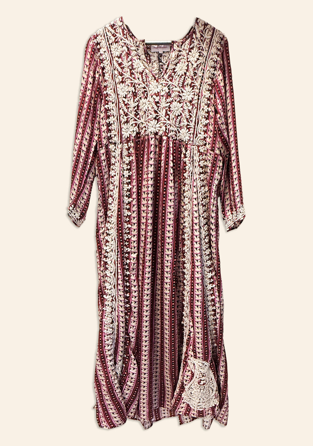 Silk Embroidered Dress Swan Stripe Fuchsia with Cream
