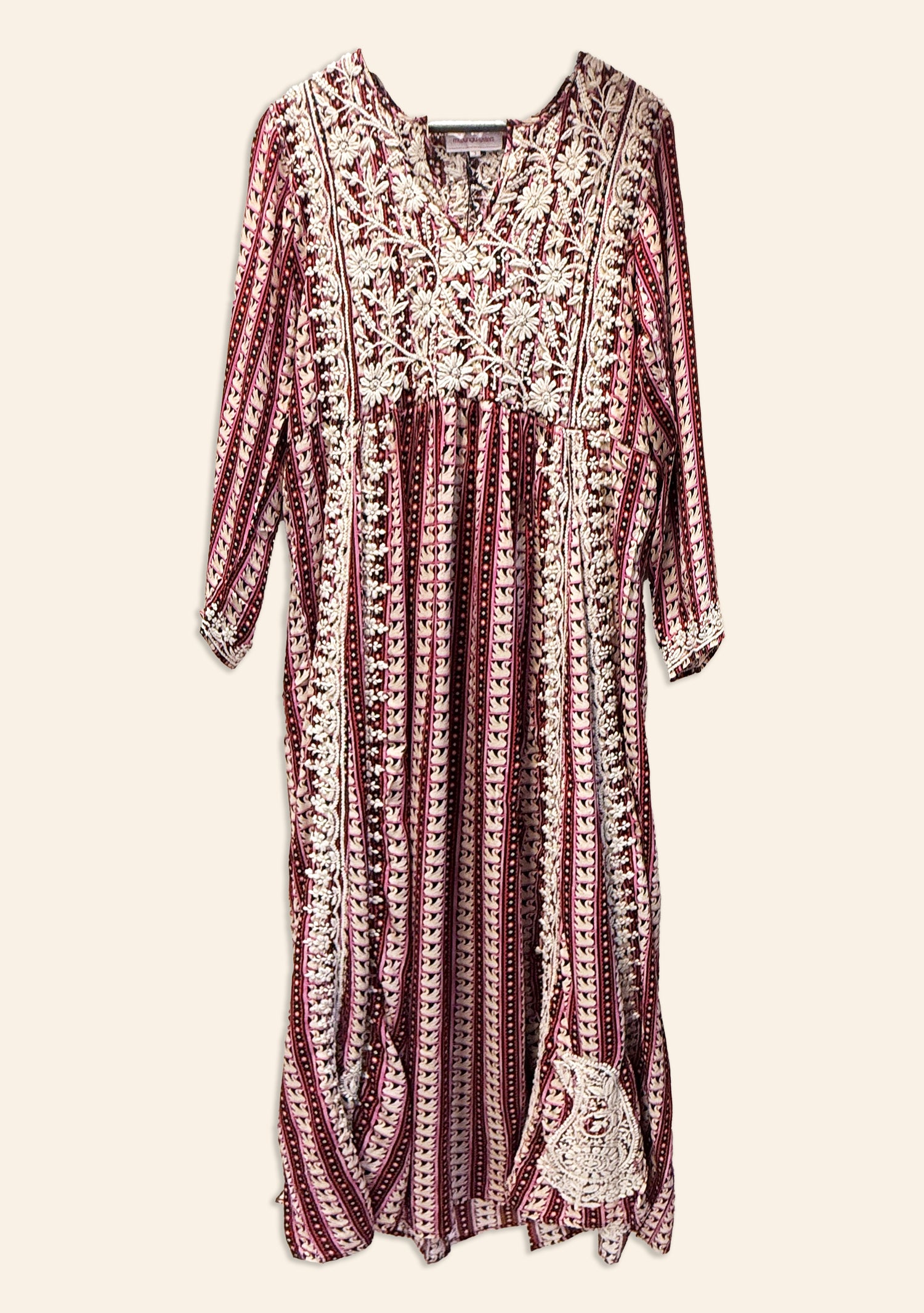 Silk Embroidered Dress Swan Stripe Fuchsia with Cream