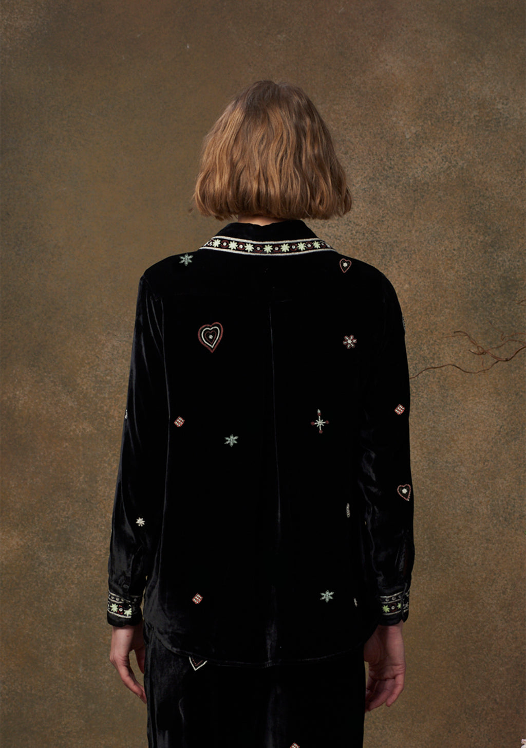 Stella Shirt Velvet Black with Beaded Heart Embroidery