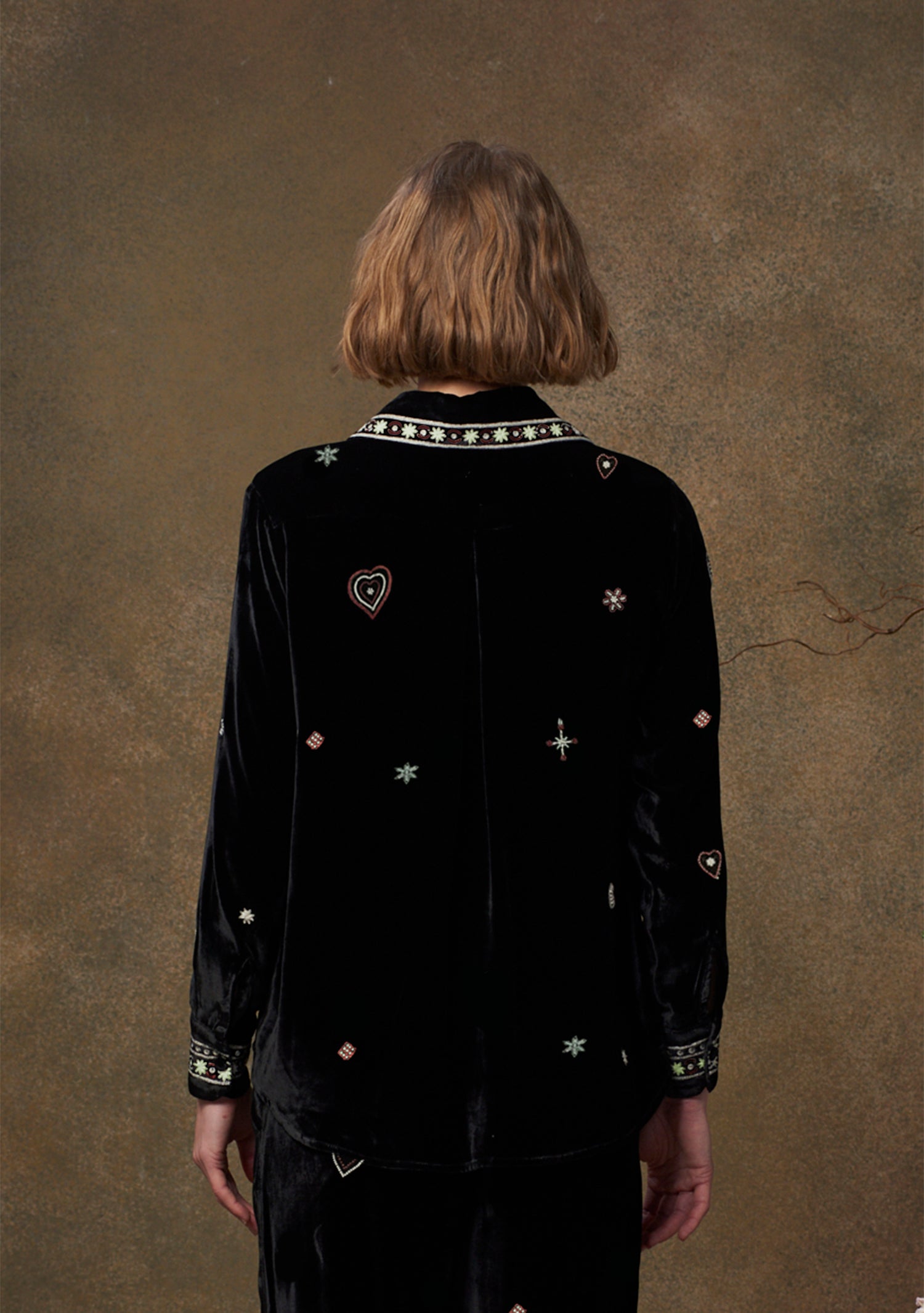 Stella Shirt Velvet Black with Beaded Heart Embroidery