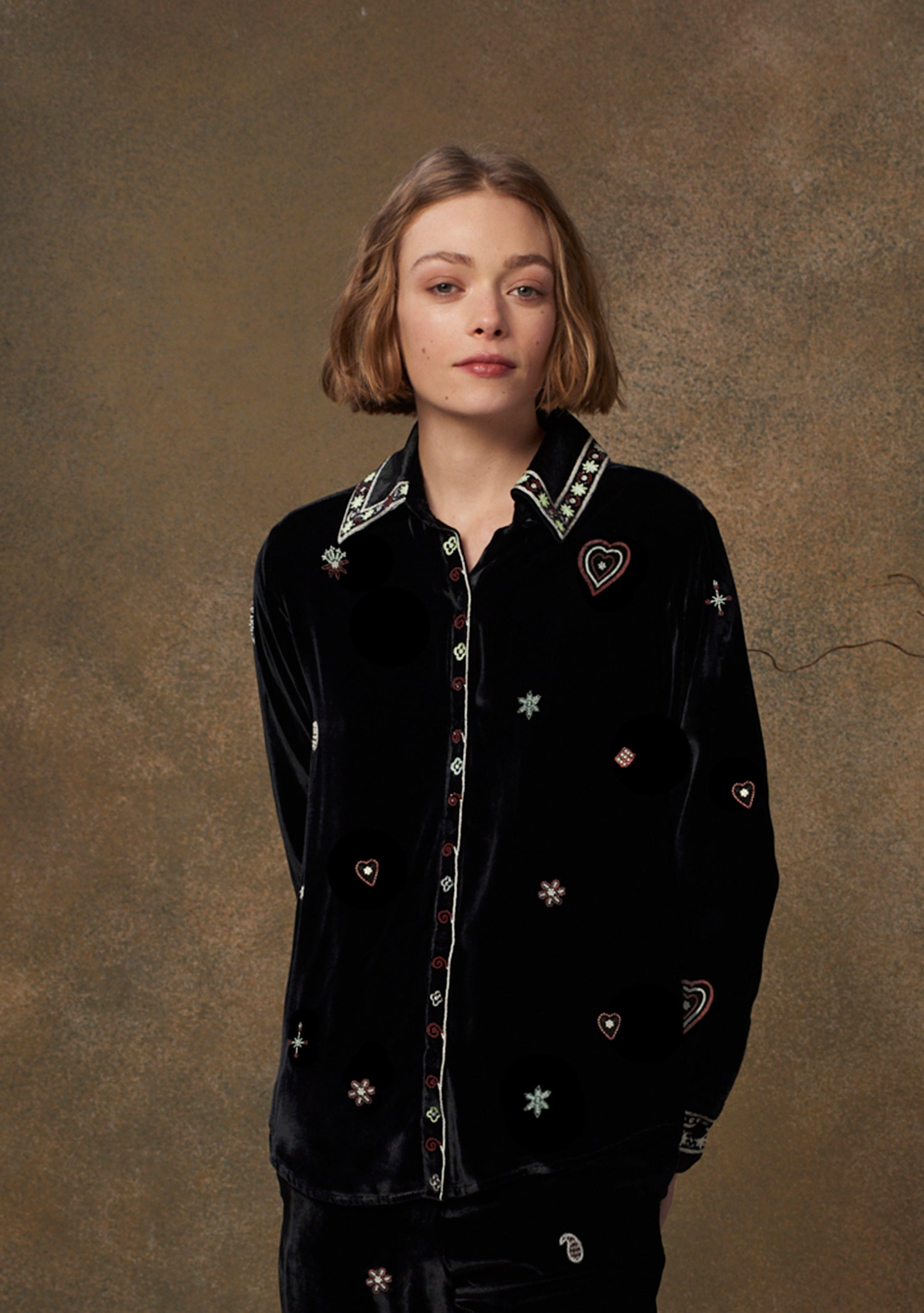Stella Shirt Velvet Black with Beaded Heart Embroidery