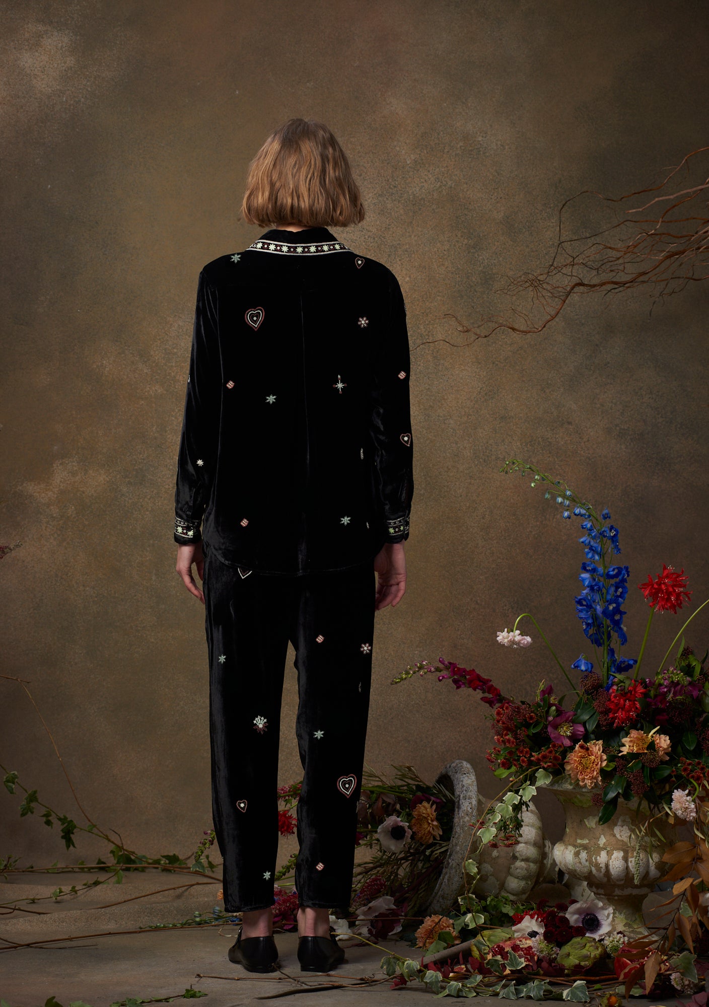 Fern Pants Velvet Black with Beaded Heart Embroidery