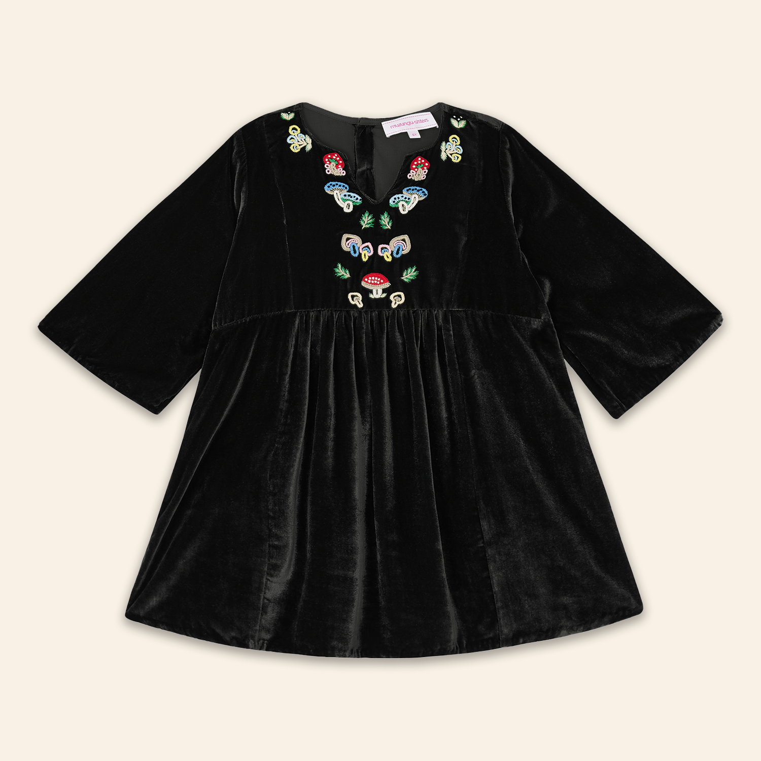 Kids Mia Dress Black Velvet with Mushroom Embroidery