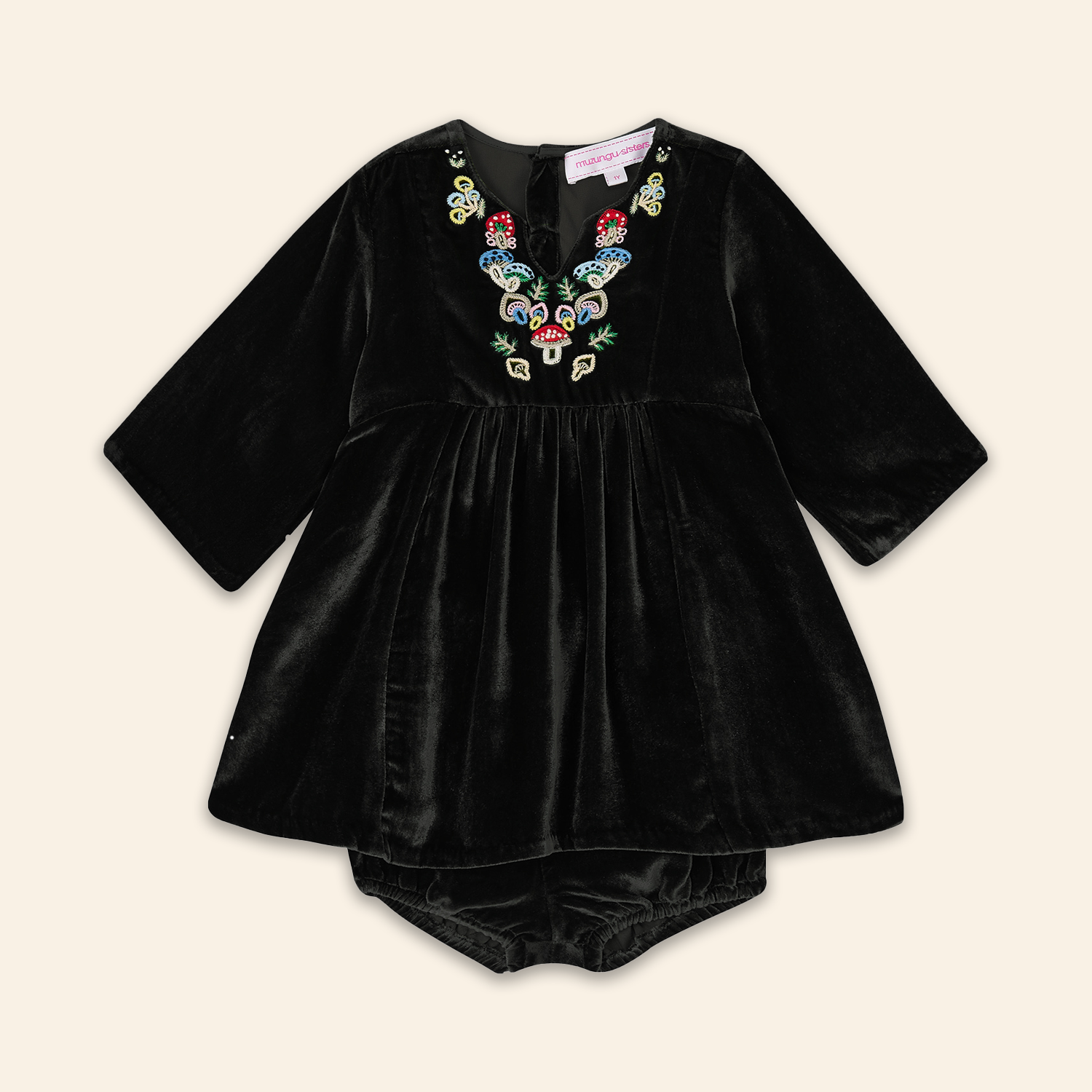 Kids Mia Dress Black Velvet with Mushroom Embroidery