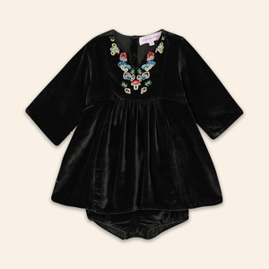 Kids Mia Dress Black Velvet with Mushroom Embroidery