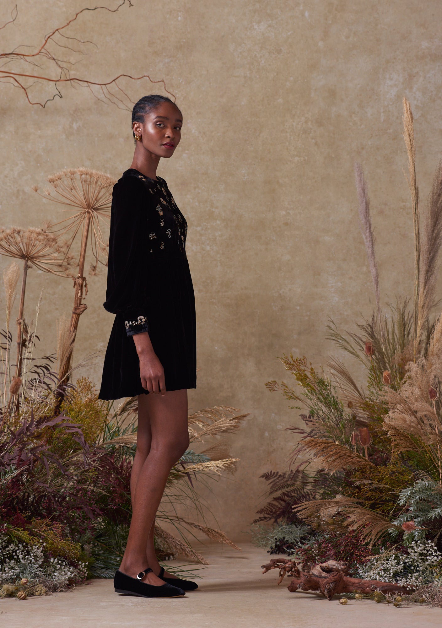 Emma Dress Black with Mushroom Embroidery II