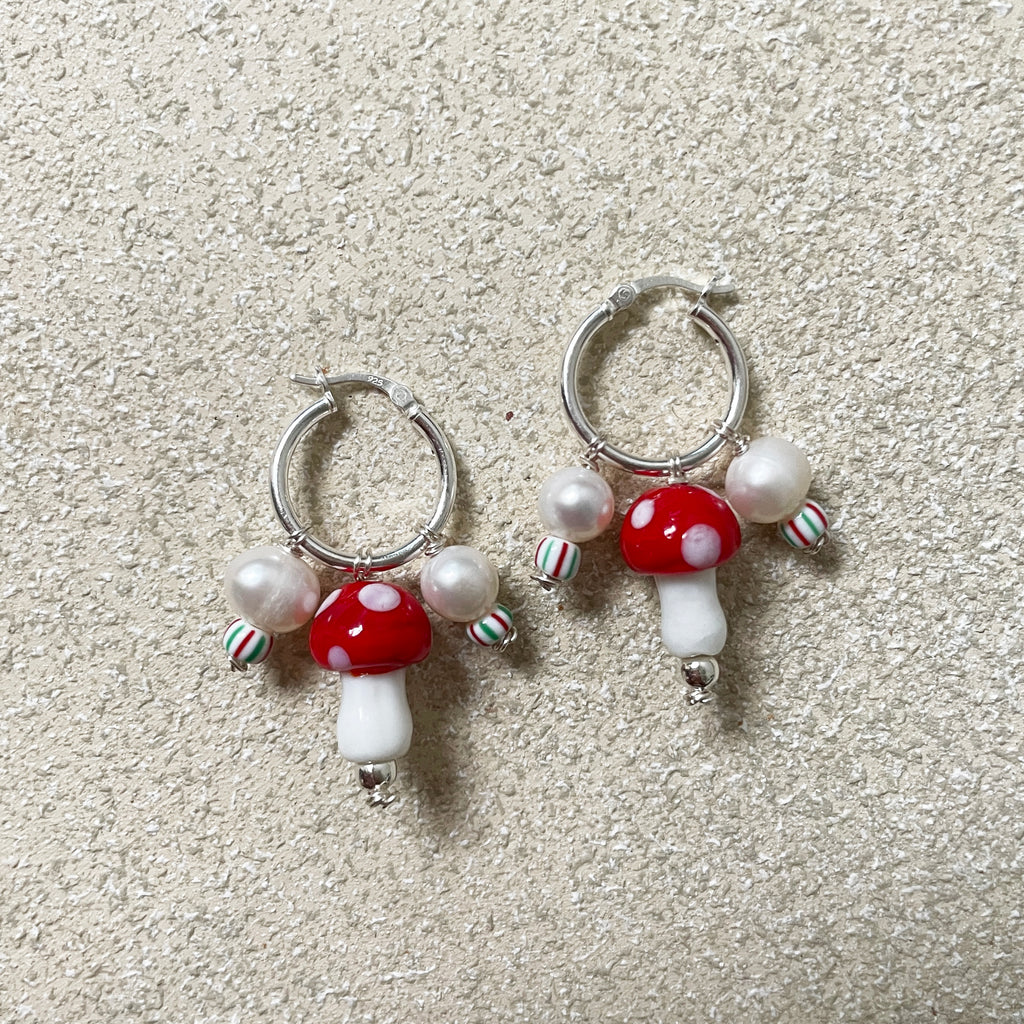 Mushroom Hoop Earrings Silver
