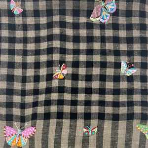 Butterfly Embroidered Shawl Black and Natural Check