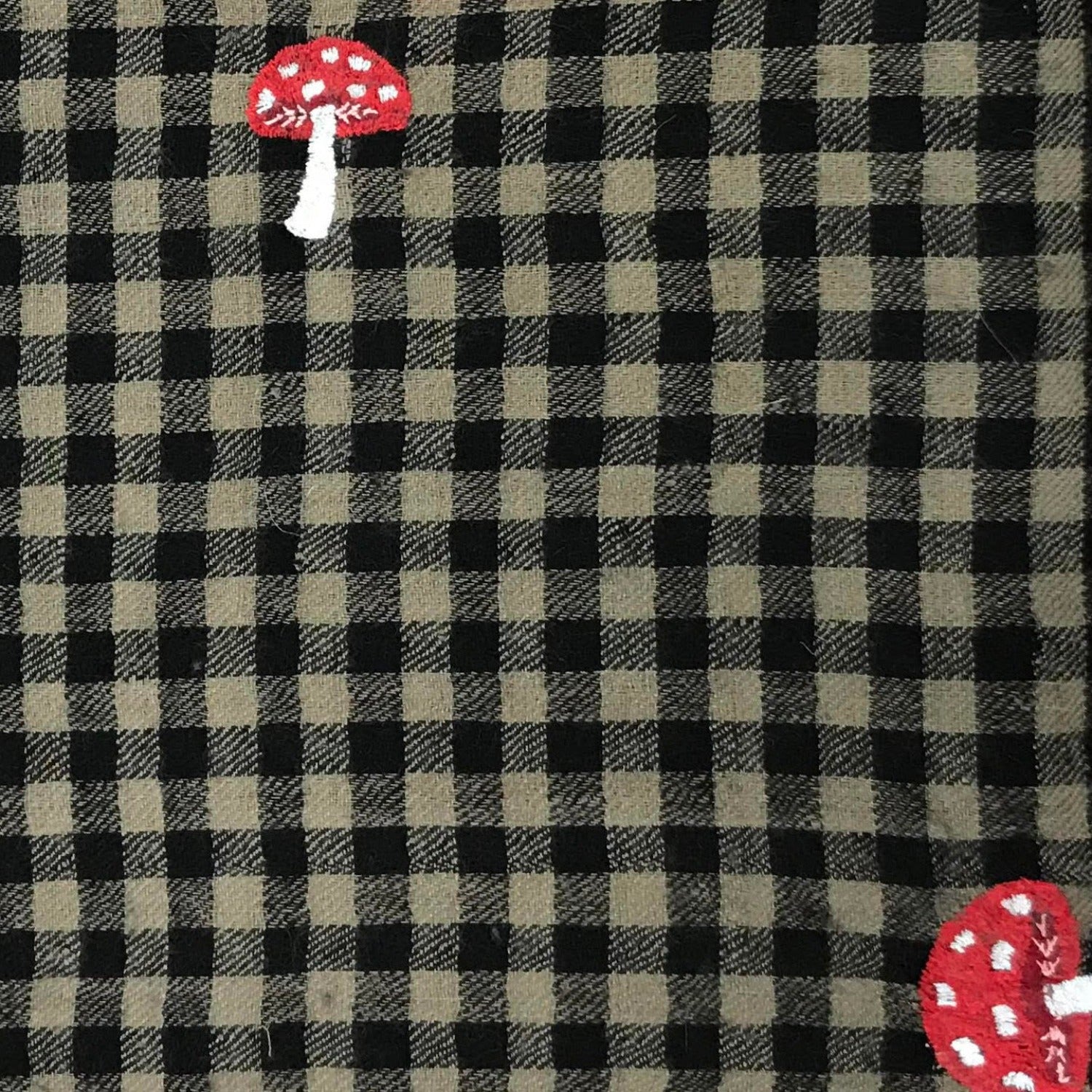 Mushroom Embroidered Shawl Black and Tan Mini Check