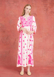 Silk Embroidered Dress White with Pink II