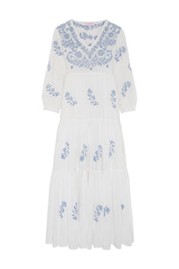 Frangipani Dress White with Blue