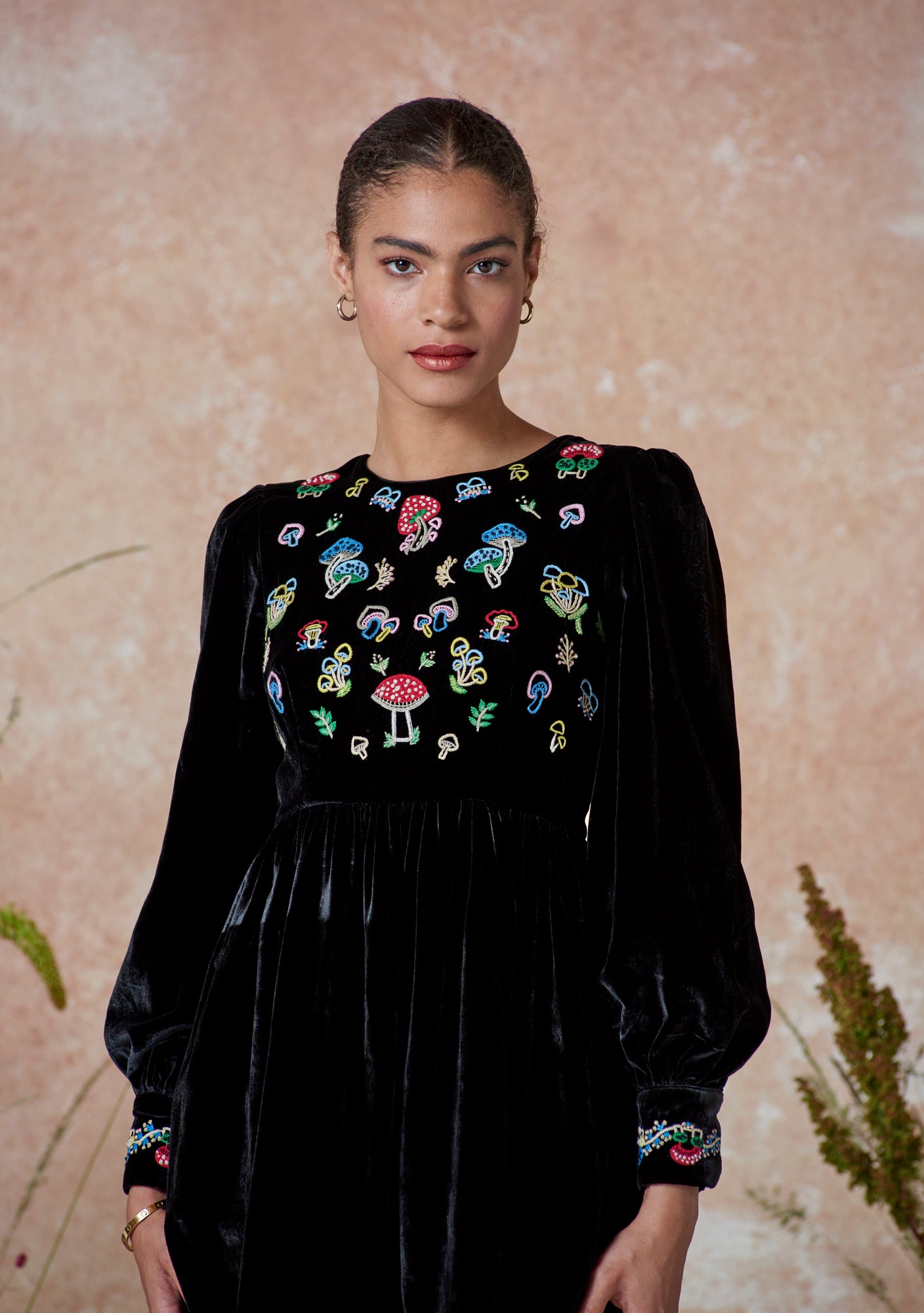 Emma Midi Dress Black with Mushroom Embroidery