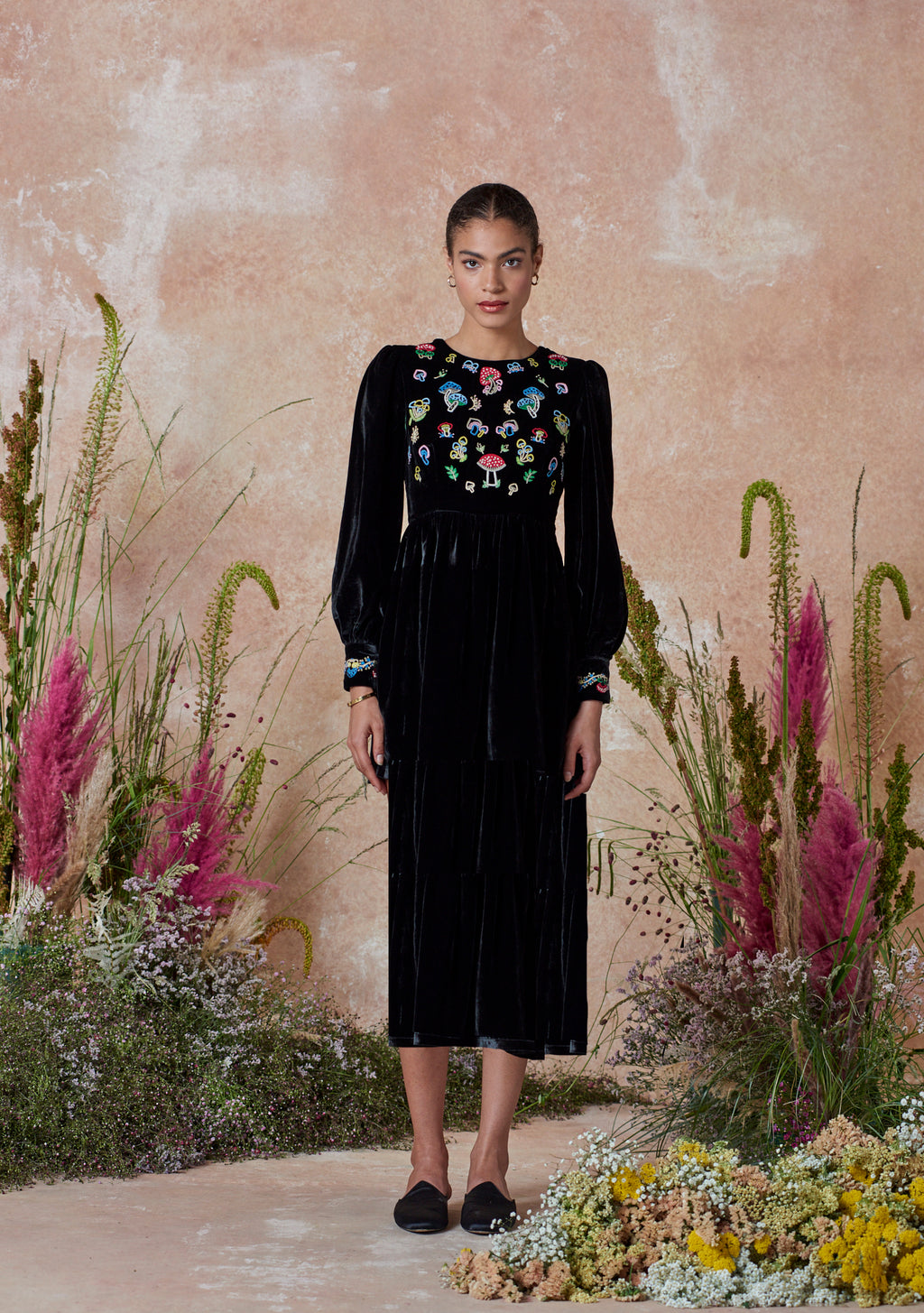 Emma Midi Dress Black with Mushroom Embroidery