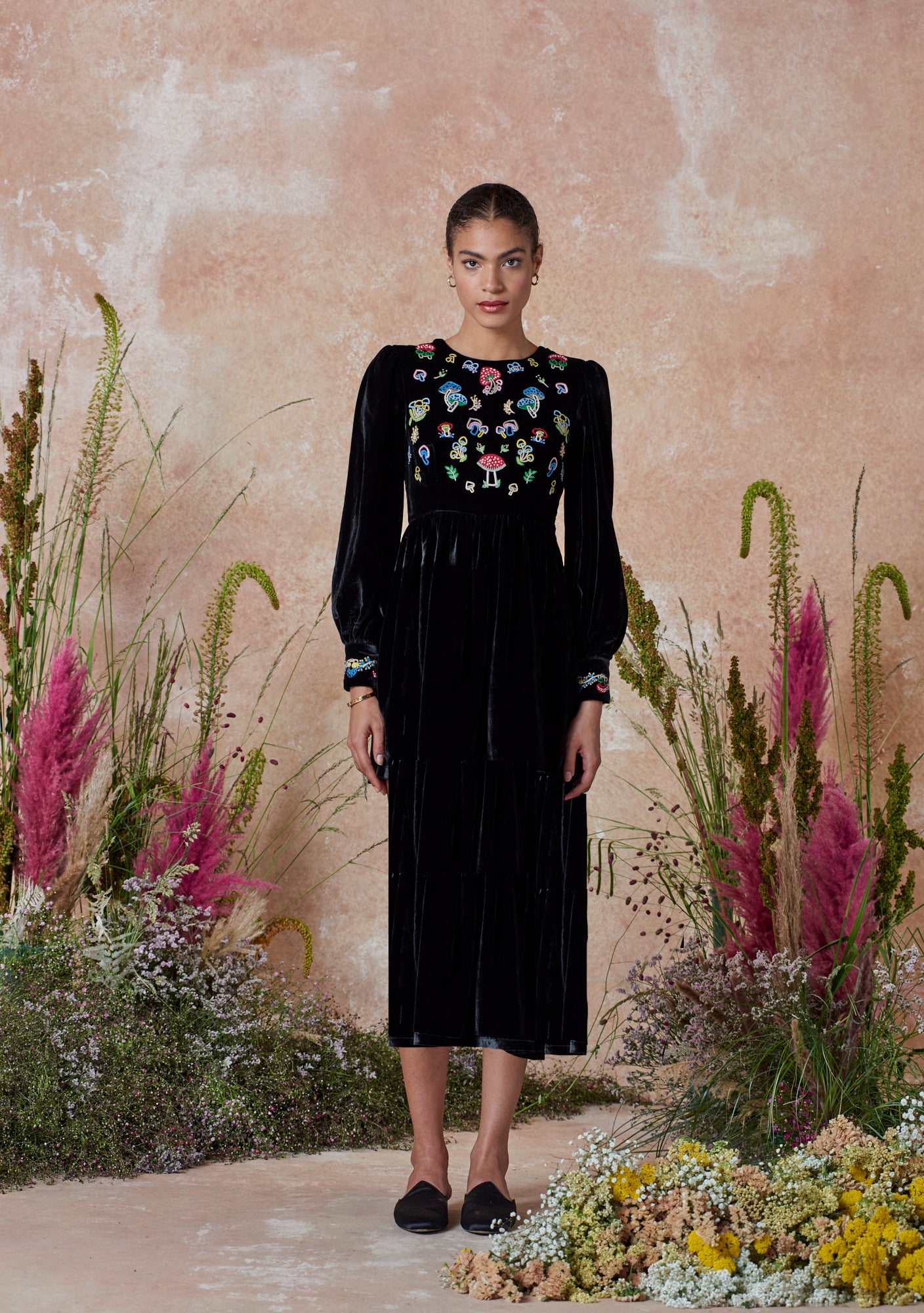 Emma Midi Dress Black with Mushroom Embroidery