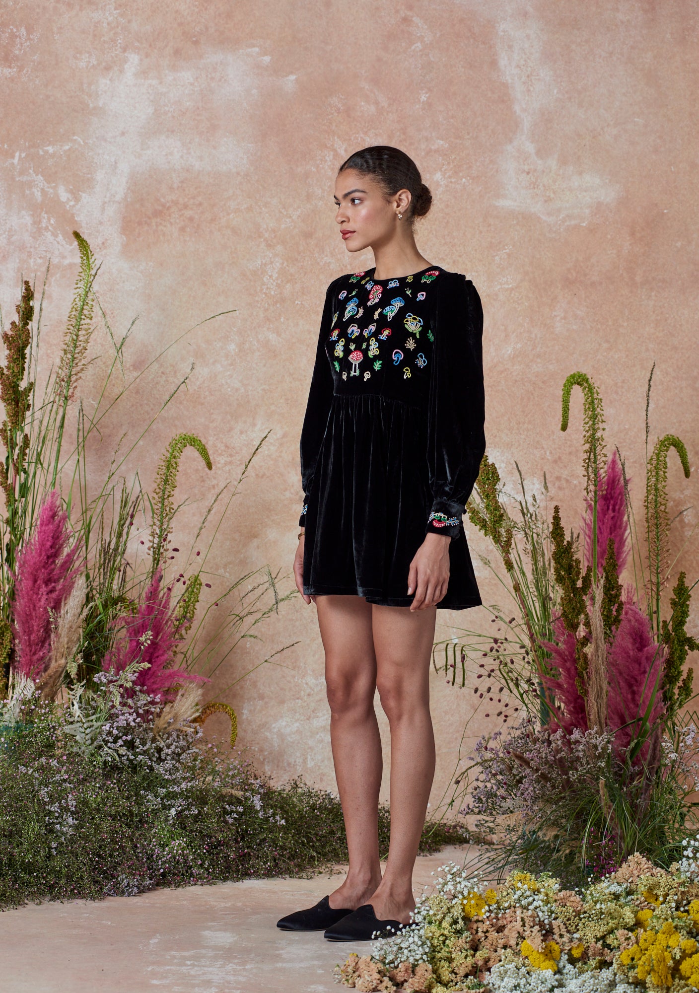 Emma Dress Black with Mushroom Embroidery
